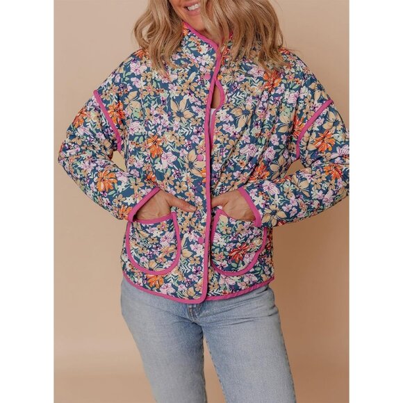 Women's Floral Quilted Jacket Crop Button Down Padded Puffer Jacket Multicolor - Picture 3 of 6